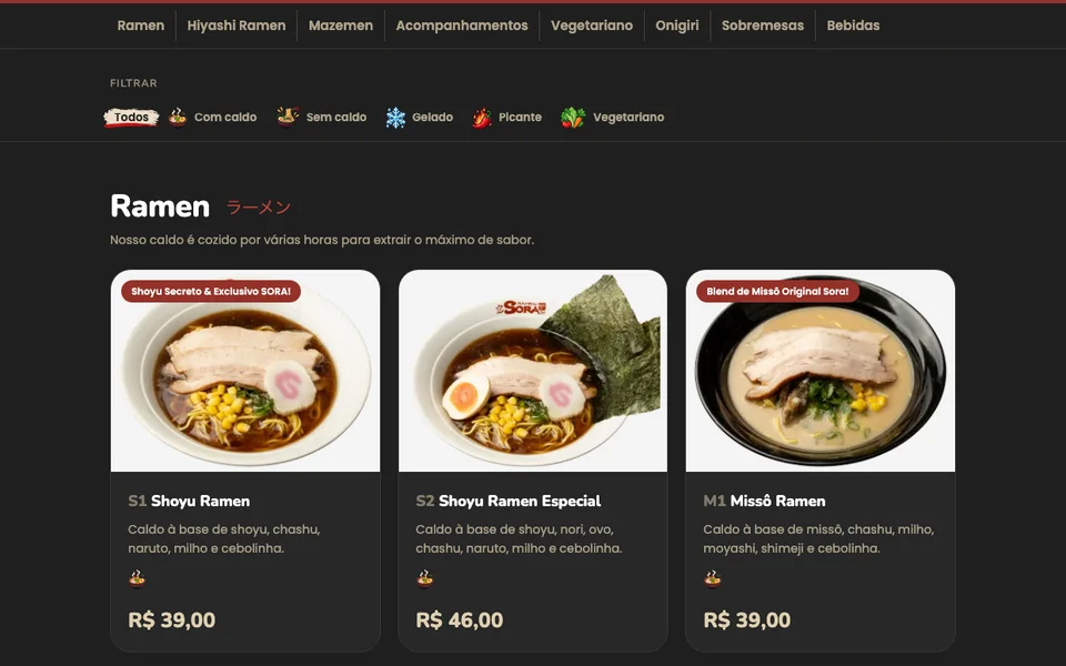 Prévia de Cardápio digital para uma casa de lámen